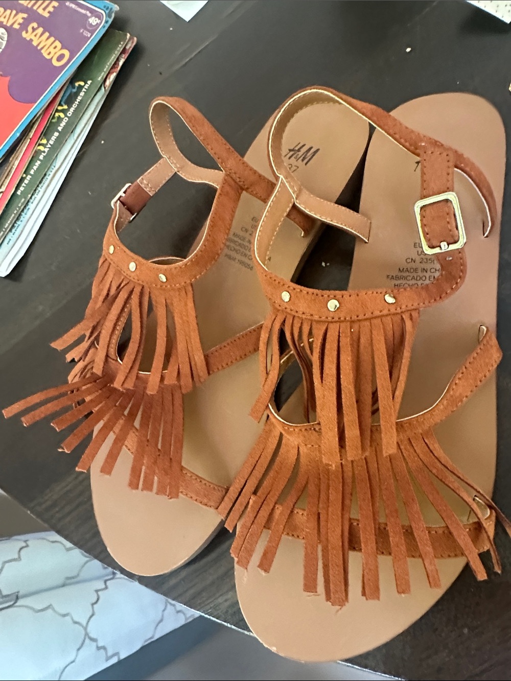 H&M Tan Fringe T-Strap Sandals size 6